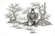 Armored samurai kneeling underneath blossoming cherry tree, near zen garden and pond tattoo design idea