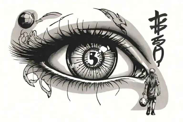 eye with a little girl walking onto a soccer field with famous soccer quotes in graffiti writing  tattoo design idea