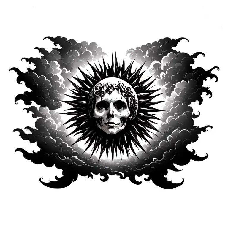 A gothic sun shining trough dark clouds surrounding tattoo design idea