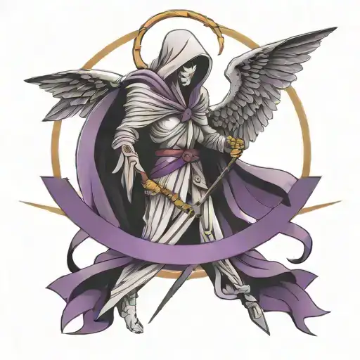 Guardian Angel with purple ribbon fighting grim reaper tattoo design idea
