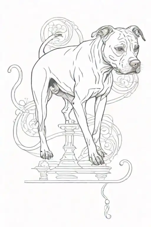 sitting pitbull balancing beer mug on its nose. full body, long tail, on dog is standing on her back legs tattoo design idea