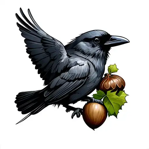 crow flying holding an acorn tattoo design idea