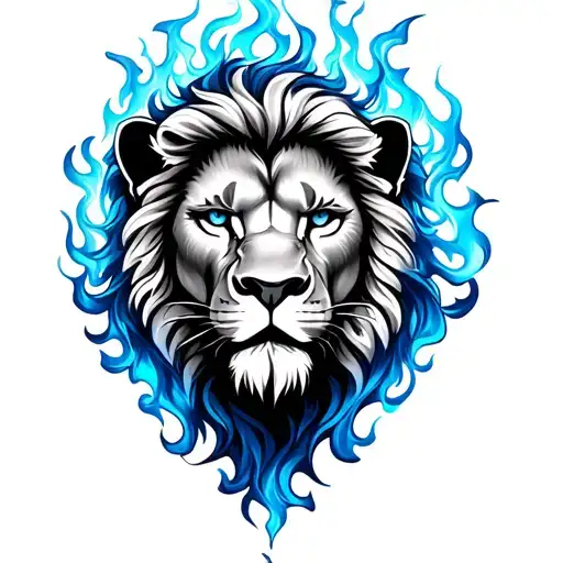 face and lion's hair in blue flames full detail tattoo design idea