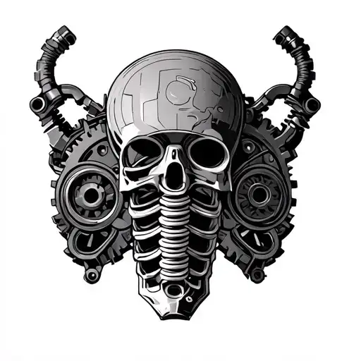 Biometric tattoo on chest and shoulder. Mechanical gears. Hydraulic cylinders. Springs. ribs showing tattoo design idea