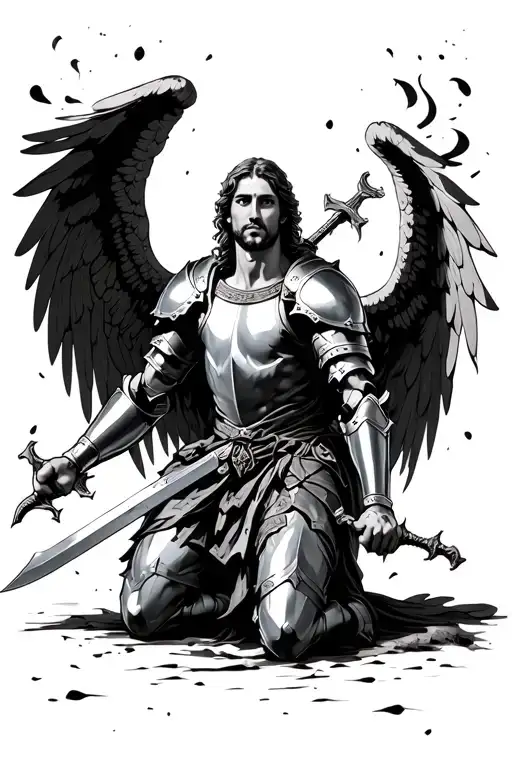 st michael in armour kneeling holding sword with wings spread out and burn holes and tattered tattoo design idea