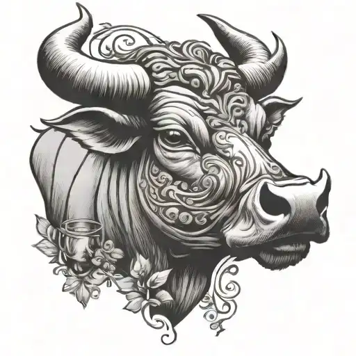 full Spanish bull drinking wine glass tattoo design idea