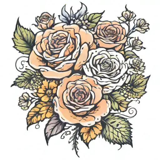 roses, daisys, asters, marigold flower tattoo design idea