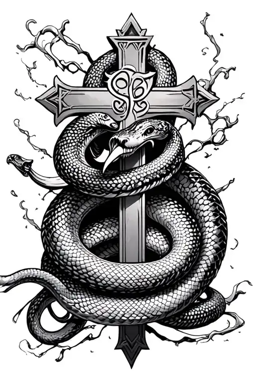 a serpent snake wrapped around a leviath Cross and the snake's tongue is 666 tattoo design idea