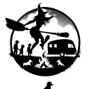 silhouette of sexy witch flying on broomstick over a campsite with a trailer and campfire with 3 boy children & 2 dogs  tattoo design idea