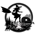 silhouette of sexy witch flying on broomstick over a campsite with a trailer and campfire with 3 boy children & 2 dogs  tattoo design idea