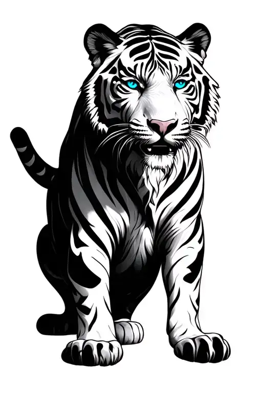 kind white tiger with blue eyes cyber sigilism tattoo design idea