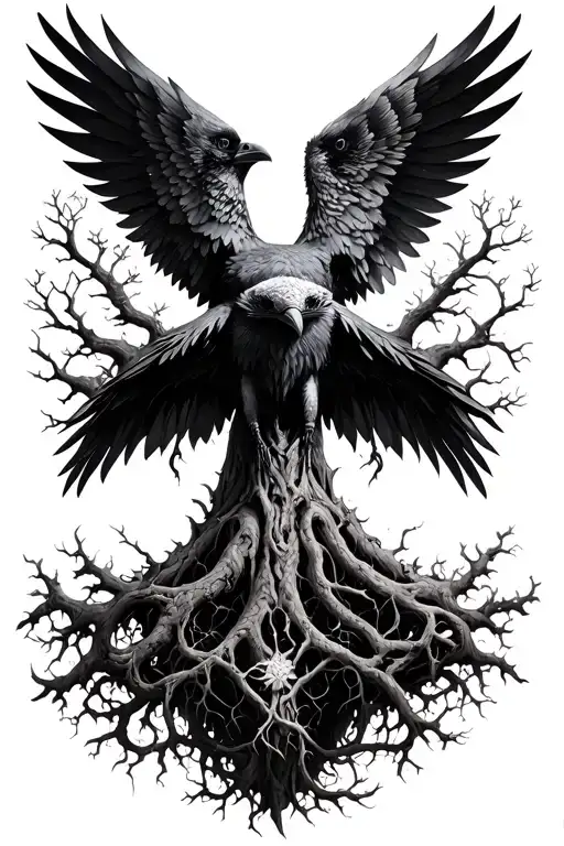 yggdrasil tree crow wings full back piece  tattoo design idea