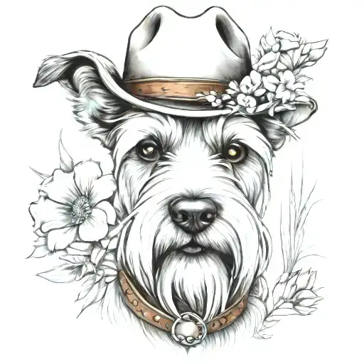 wheaten schnauzer with cowgirl hat and brown eyes and a collar with flowers looking to the side with western background tattoo design idea