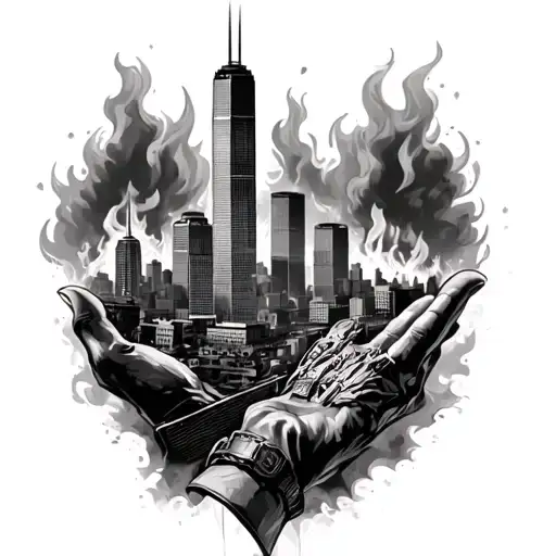 9-11 twin towers burning memorial on hand and fingers tattoo design idea
