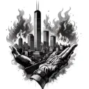 9-11 twin towers burning memorial on hand and fingers tattoo design idea