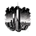 9-11 twin towers burning memorial on hand and fingers tattoo design idea