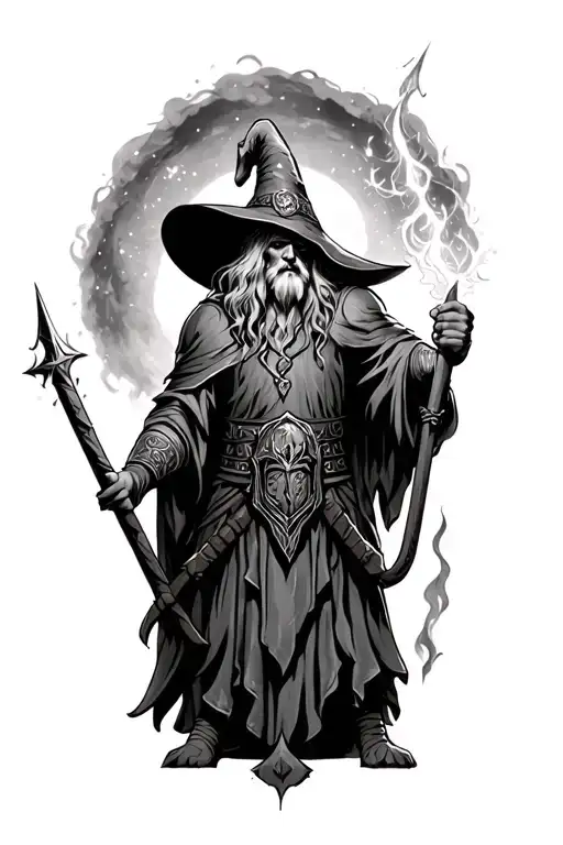 Viking next to a witch casting spells tattoo design idea