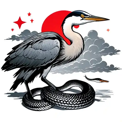 Heron and a snake with a red moon near them, kind of “greeting/completing” stars' clouds tattoo design idea