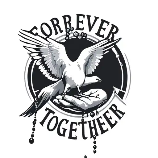 "Forever Together" dove holding rosary beads on praying hands reaching for the sky tattoo design idea