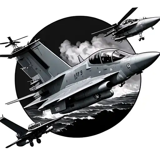 aircraft carrier, f/a-18F, mh-60s, 14 swallows flying tattoo design idea
