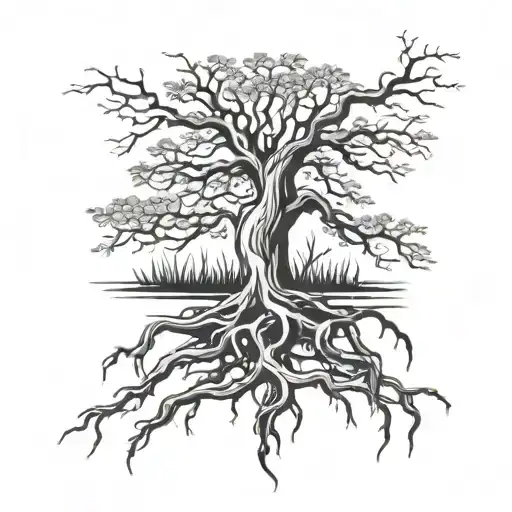 tree with roots forming tattoo design idea