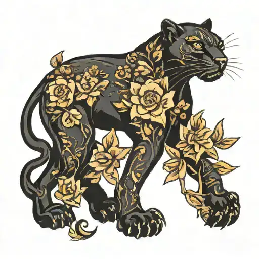 panther with flowers in full growth tattoo design idea