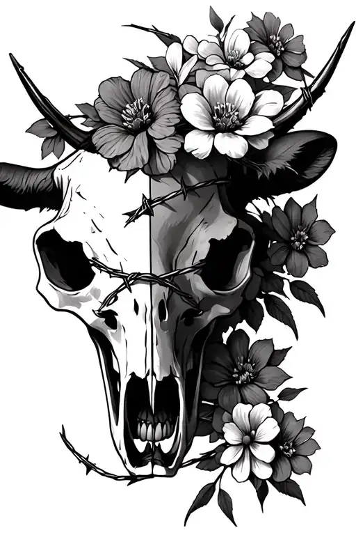 half Cow skull half flowers with barbed wire wrapped tattoo design idea