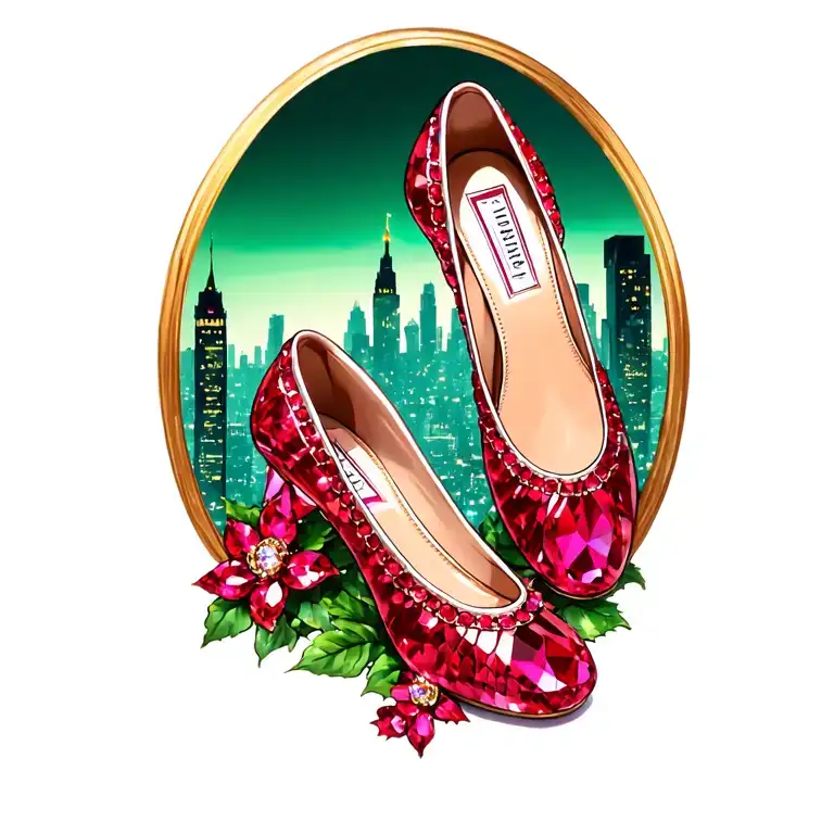 two sparkling ruby ballet slippers with no heel with emerald city in the background tattoo design idea