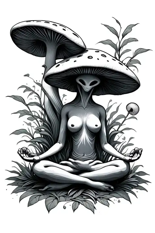 meditation alien mushroom  tattoo design idea