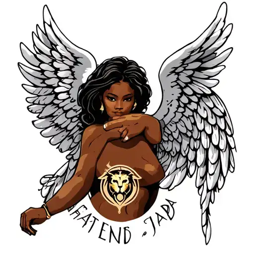 african american angelic angel with a strenght sign and leo symbol name is jada tattoo design idea