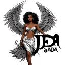 african american angelic angel with a strenght sign and leo symbol name is jada tattoo design idea