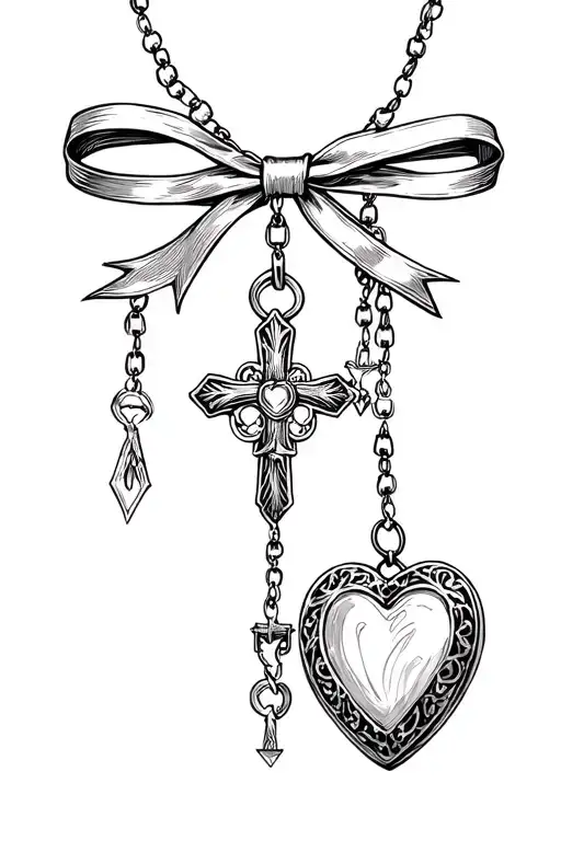 rosary with bow and heart locket  tattoo design idea