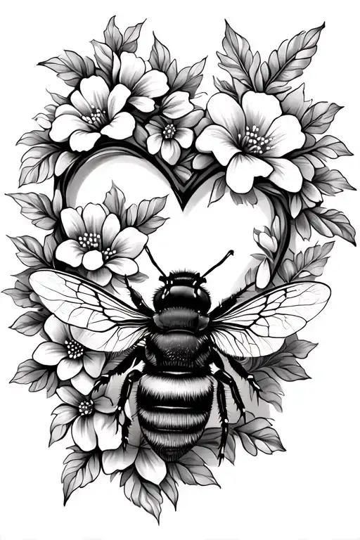 bumble bee, jasimn flowers surrounding, heart tattoo design idea