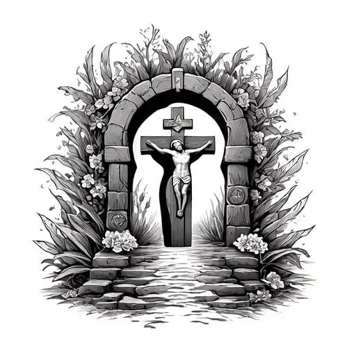 Keyhole and a Door which is open with a Crucifix and the background is the paradise tattoo design idea