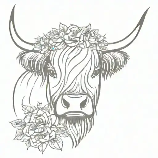 highland cow with flower crown and tongue out tattoo design idea