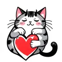 featuring a cute, chubby cat with closed eyes and a happy expression, sitting and hugging a large heart shape tattoo design idea