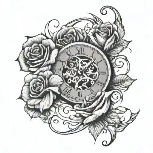 half rose half clock wit skeleton fingers tattoo design idea