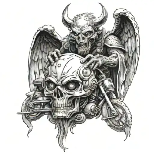 a creature which is a mixture of devil and angel and holds a motorcycle helmet in his hands  tattoo design idea