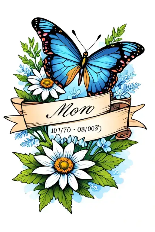 Create a tattoo of a butterfly and an edelweiss flower above a memorial banner that says “mom 10 / 17 / 80 - 08/06 / 25” tattoo design idea