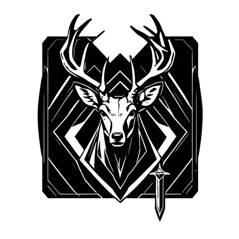 A simple and modern deer head with a sword below it tattoo design idea