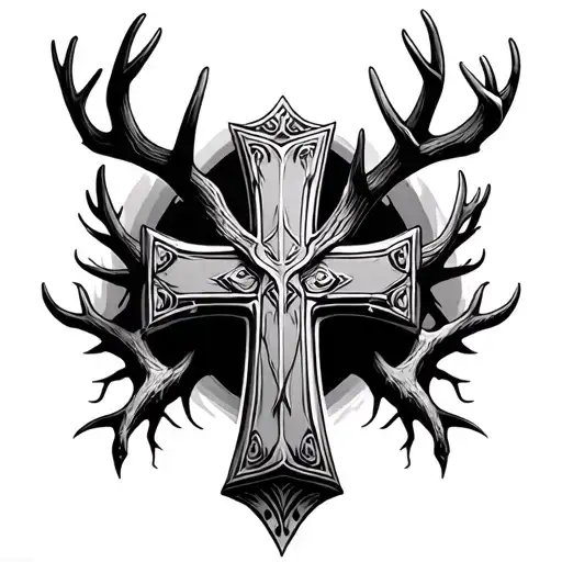 3d cross with antlers at the bottom tattoo design idea