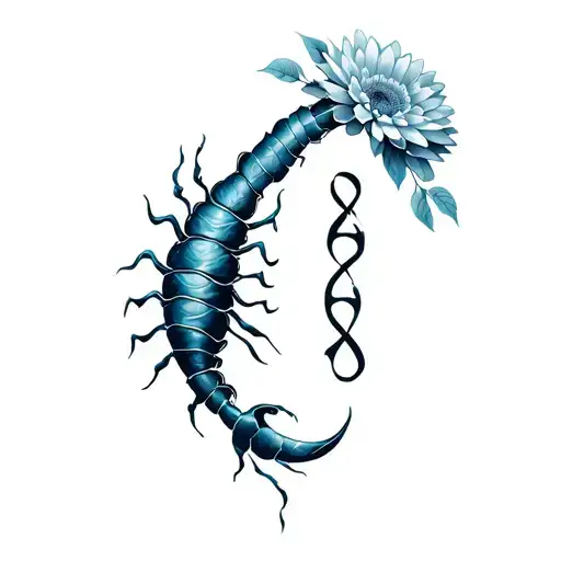 "♏︎" Simplistic Scorpio symbol ♏︎ incorporating chrysanthemum, deep swirling ocean, Falling leaves and infinity symbol. tattoo design idea