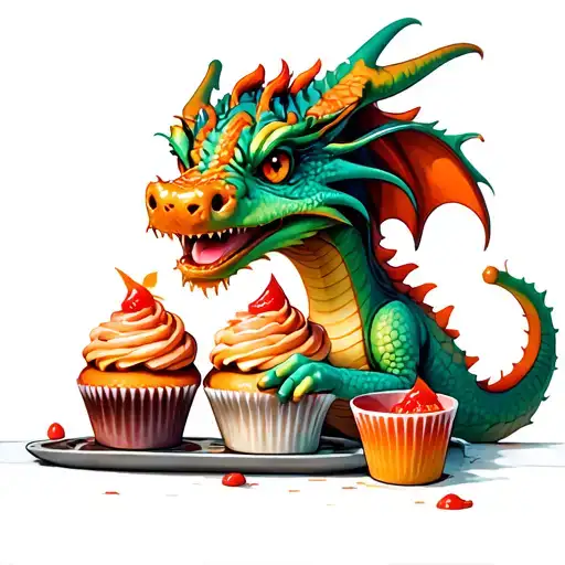 A playful tattoo of a dragon playfully baking cupcakes in a tiny kitchen tattoo design idea