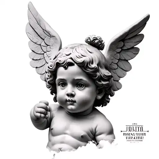 Chicano hyper-realistic Roman marble putto child (8–10 years old, innocent yet cold-blooded. gangster tattoo design idea