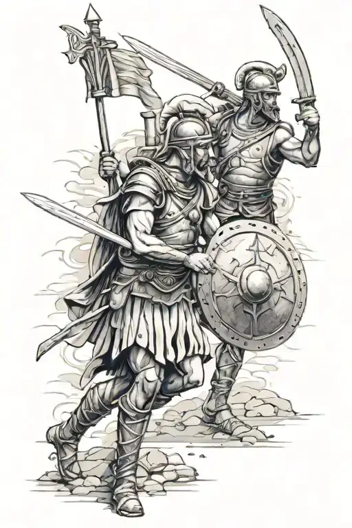Ancient Greek soldiers stand on the battlefield with swords and shields. tattoo design idea