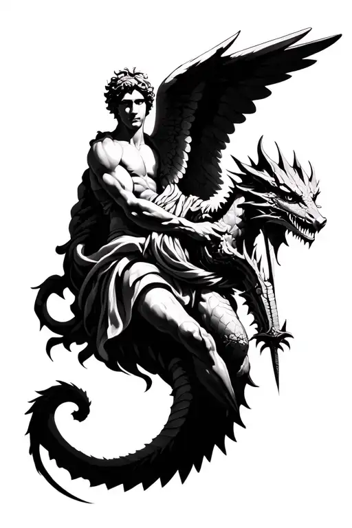 Saint Michael archangel slaying dragon wrapped tightly tattoo design idea
