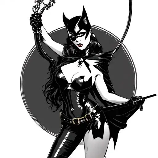 Catwoman Dominatrix full body pin up girl holding whip tattoo design idea