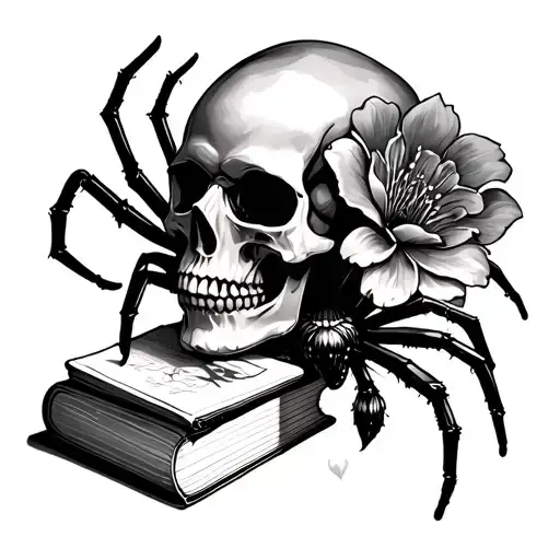 Skull, books, spider, gothic, flower tattoo design idea