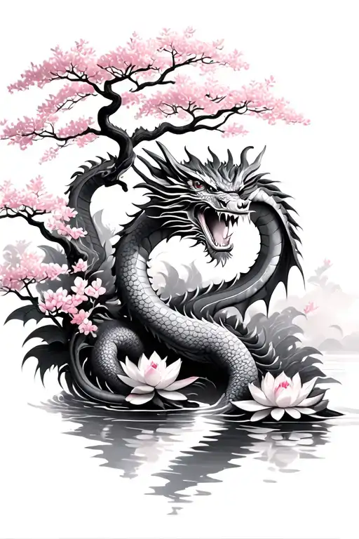 Dragons with cherry blossom trees and a river and lotus flowers tattoo design idea