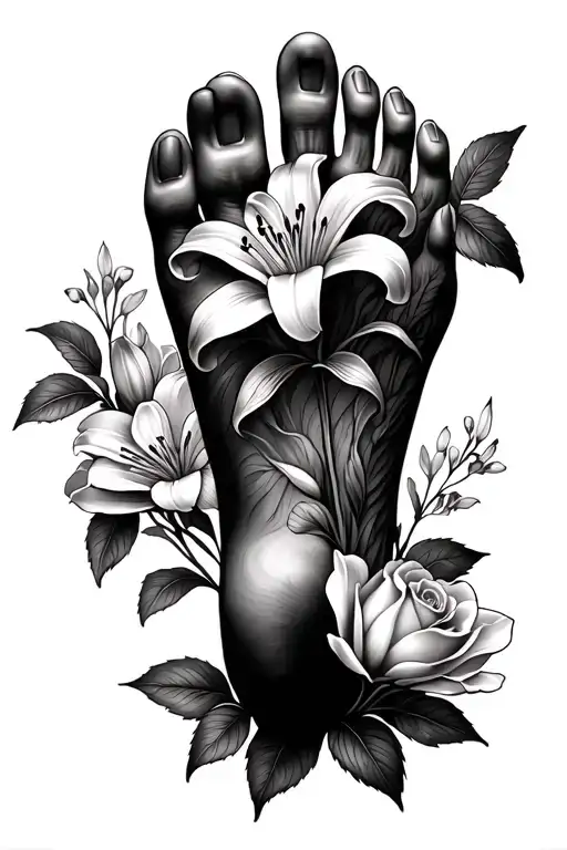 a foot tattoo consisting of lily flowers, magnolia flowers, small rose flowers and crape myrtle blooms tattoo design idea